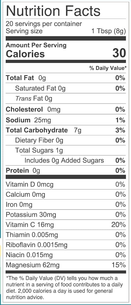 Organic Lemon Juice Powder, Magnesium (from sea water), Organic Coconut Water Powder, Organic Stevia Leaf Extract, Himalayan Pink Salt, Ascorbic Acid (non-GMO, Naturally Fermented Vitamin C)
